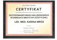 certyfikat Zastosowanie kwasu hialuronowego w zabiegach medycyny estetycznej