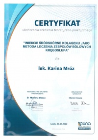 certyfikat Iniekcje śródskórne koleganu jako metoda leczenia zespołów bólowych kręgosłupa