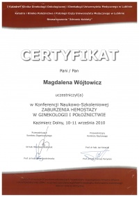certyfikat Zaburzenia hemostazy w ginekologii i położnictwie