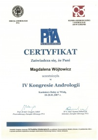 certyfikat IV kongres andrologii