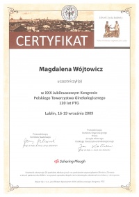 certyfikat XXX kongres polskiego towarzystwa ginekologicznego