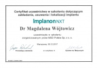 certyfikat zakładania, usuwania i lokalizacji implantu Implanon nxt
