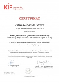 certyfikat Ocena funkcjonalna i prowadzenie dokumentacji medycznej dla pacjentów w wieku rozwojowym