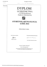 certyfikat XVII konferencja naukowo szkoleniowa otolaryngologia łódź 2021
