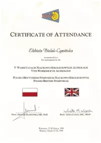 certyfikat V warsztaty naukowo szkoleniowe audiologii