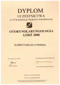 dyplom VI konferencja naukowo-szkoleniowa otolaryngologia łódź 2008