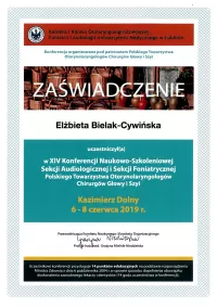 zaświadczenie XIV konferencja naukowo-szkoleniowa sekcji audiologicznej i sekcji foniatrycznej