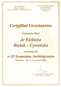 certyfikat XI sympozjum audiologicznym