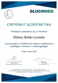 certyfikat konferencja naukowo-szkoleniowa audiologów, foniatrów i otolaryngologów 2016