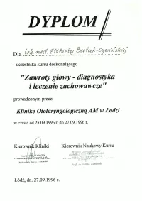 dyplom Zawroty głowy - diagnostyka i leczenie zachowawcze