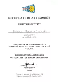 certyfikat Wybrane problemy w leczeniu zaburzeń słuchu