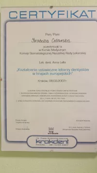 certyfikat Kształcenie ustawiczne lekarzy dentystów w krajach europejskich