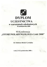 dyplom VI konferencja Otolaryngologia łódź 2008