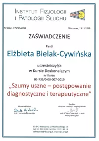 zaświadczenie Szumy uszne - postepowanie diagnostyczne i terapeutyczne