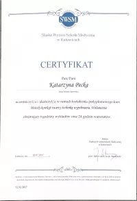 certyfikat Metody korekcji twarzy technika wypełniania, wolumetria