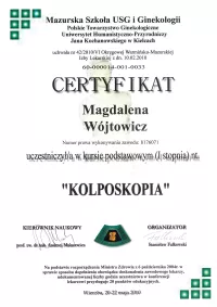 certyfikat Kolposkopia stopień pierwszy