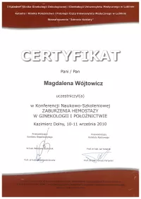 certyfikat Zaburzenia hemostazy w ginekologii i położnictwie