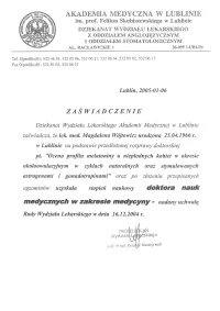zaświadczenie nadanie stopnia doktora nauk medycznych