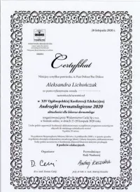 certyfikat konferencja edukacyjna andrzejki dermatologiczne 2020